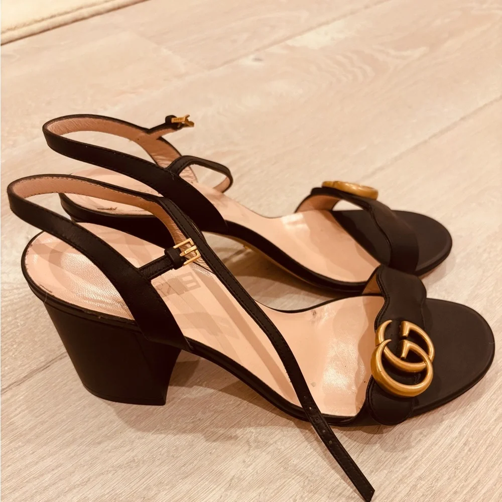 Gucci Marmont Double G Black Leather Block Heel Sandals Size 38 - Picture 2 of 6